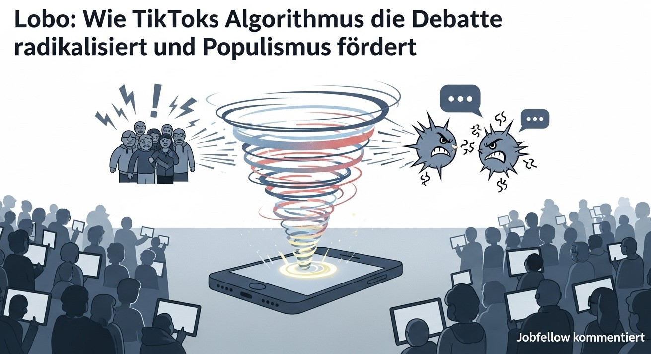 Eine 2D-Comic-Illustration mit dem Titel „Lobo: Wie TikToks Algorithmus die Debatte radikalisiert und Populismus fördert“. Sie zeigt ein Smartphone, aus dem ein algorithmischer Wirbelsturm aufsteigt. Dieser Wirbel zieht eine Gruppe von Aktivist:innen und zwei aggressive, streitende Sprechblasen an, während eine große Menschenmenge passiv auf ihre eigenen Bildschirme starrt. Unten rechts steht „Jobfellow kommentiert“.